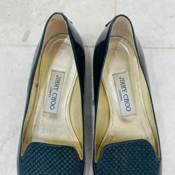JIMMY CHOO {37.5} Loafers Black Patent Leather Fabric Pointed Toe - Picture 2 of 10